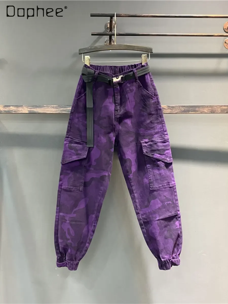 Korean Fashion Purple Camouflage Casual Cargo Pants Female 2023 Spring Autumn New Trend Denim Harem Pants Women Baggy Pants hot drilling cartoon denim harem pants 2022 new autumn winter all match high waist daddy pants thicken velvet casual jeans mujer