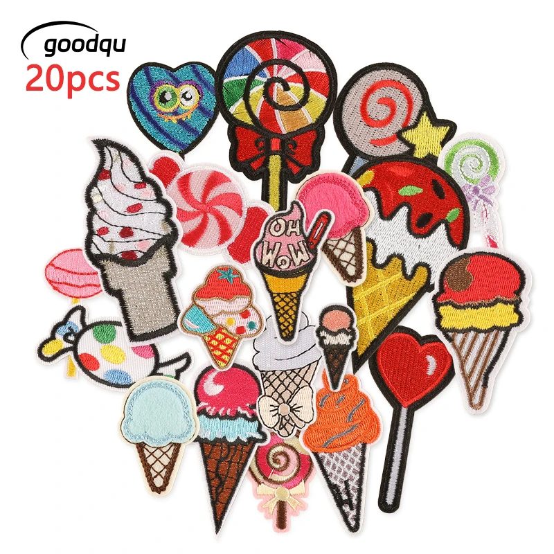 20 Stück Eiscreme, niedliche Aufnäher zum Aufbügeln für Kleidung, Kinder, bestickt, Lutscher, Jacke, Packung, viele DIY-Nähstoffe, thermoklebend