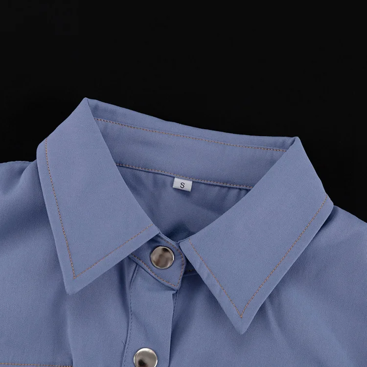Lapel Patchwork Fashion Shirts For Women Slim Long Sleeve Pocket High Waist Autumn 2025 Cardigan Vintage Shirts Streetwear