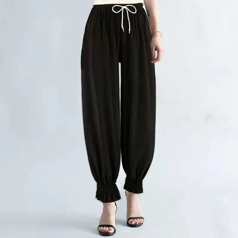 Summer Middle Age Lady Loose Ice Shreds Multiple Styles Printing Elastic Waist Bound Feet Comfortable Breathable Casual Trousers