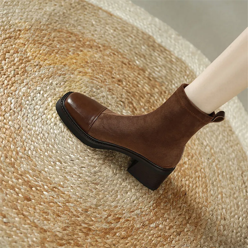 

New Split Leather Boots Autumn/Winter Women Boots Square Toe Short Boots for Women Fashion Boots Women High Heels Elastic Boots