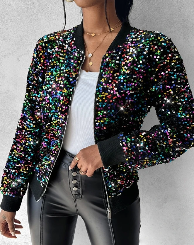 Jackets for Women Spring Autumn Fashion Colorful Allover Sequin Zipper Design Casual Baseball Collar Long Sleeve Daily Coat sequin design men jacket sequined stand collar men s baseball uniform style jacket for club stage streetwear for night for men