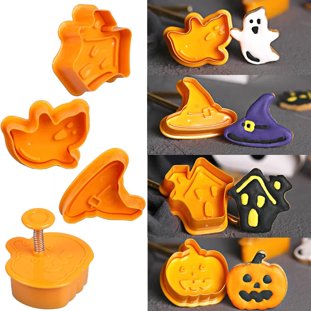 4Pcs Halloween Pumpkin Ghost Theme Plastic Cookie Cutter Plunger Fondant Chocolate Mold Cake Decorating Tools cookie cutter baking mold cookie mould fondant cutter baking decorating tools