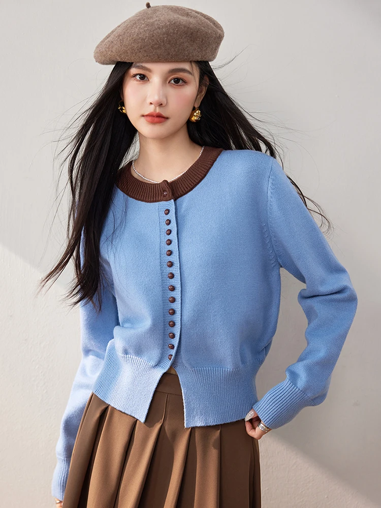Crewneck Cardigan  Fall Autumn Winter French look cardigans Women’s preppy lazy style ribbed her single-breasted button-up knitted tops for woman Female round O-Neck long sleeves with rib cuffs and hem cardigans Women’s crew neck knitwear outwear in light sky blue with chocolate coffee brown highlights  accents