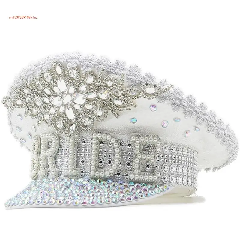 

Bride Hat with Hand Beading Shining Crystal Pearls Captain Hat for Engagement