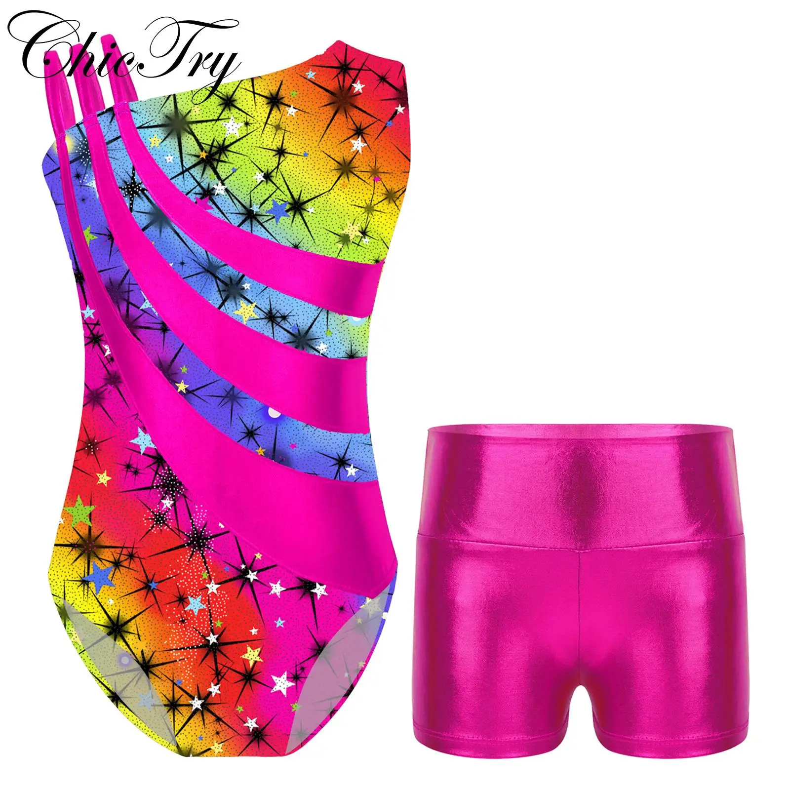 

Kids Girls Ballet Dance Sets Sports Gymnastics Workout Dance Outfits Sleeveless Leotard with High Waist Shorts for Stage Costume