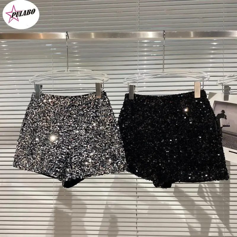 

PULABO Bling Sexy Women Sequin Shorts High Waist O-Ring Zip Bodycon Shorts Feminino Skinny Party Club Festival Raves Pole Dance