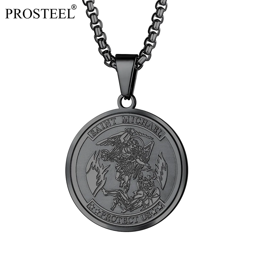 

PROSTEEL Saint Michael Archangel Vintage Catholic Necklace Men Silver/18K Gold/Black Plated Pendant Round Medal PSP4259