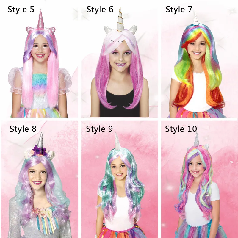 Rainbow Unicorn Wig Girls Kids Long Fake Hair Cosplay Cartoon Accessories