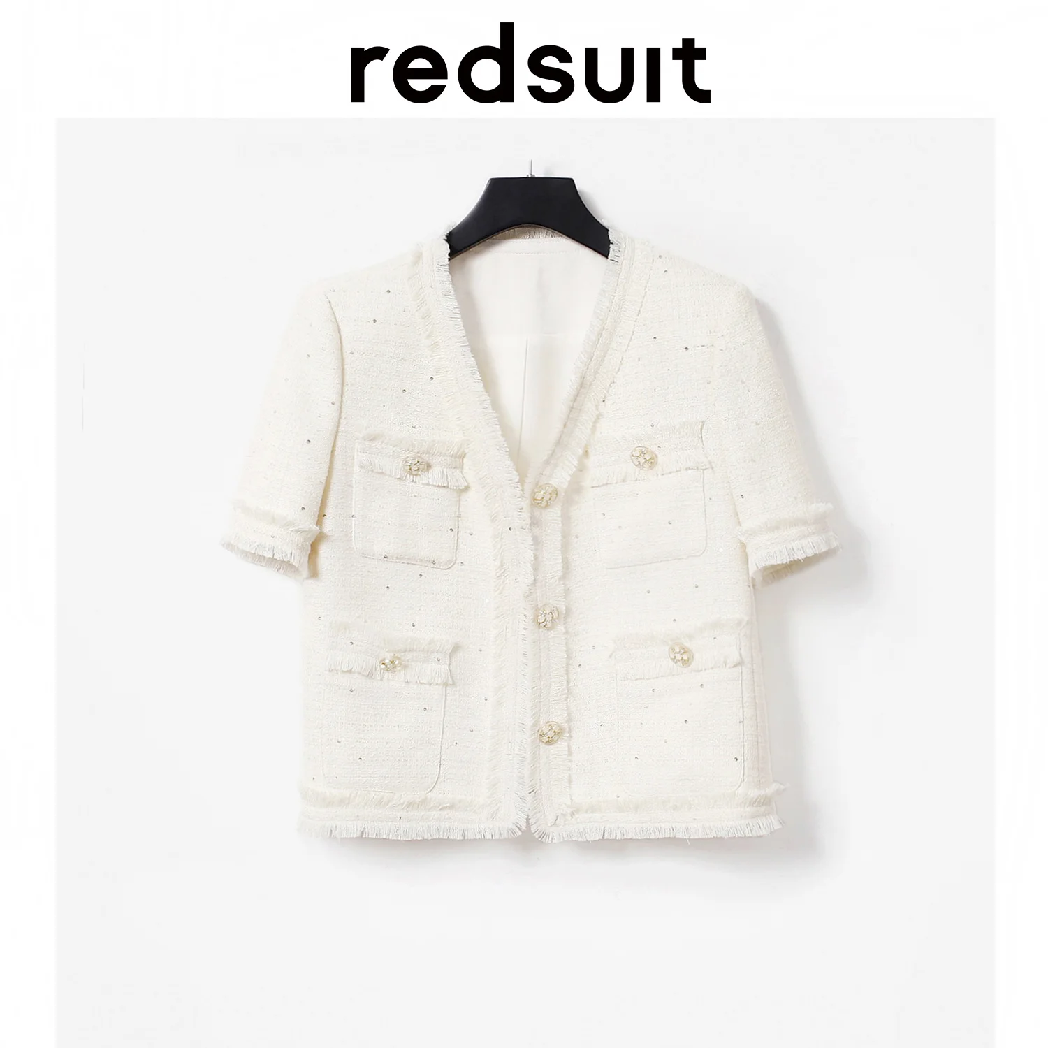 

Four Pockets Small Fragrant Short Sleeve Top Temperament V-neck White Exquisite Tassel Thin Fashionable Coat