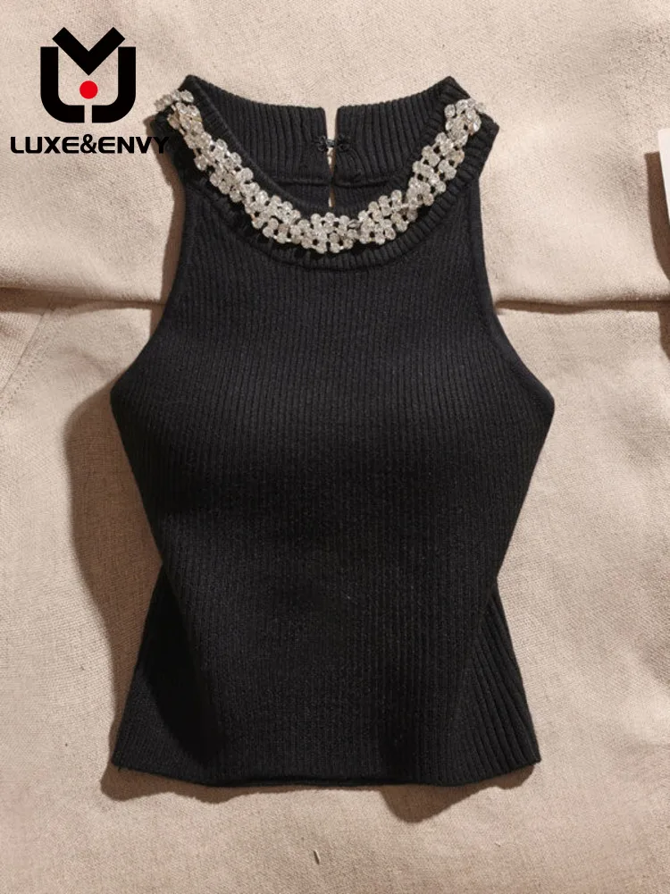 

LUXE&ENVY Black diamond inlaid knitted neckband camisole wear and wear sleeveless spicy girl slim fit top