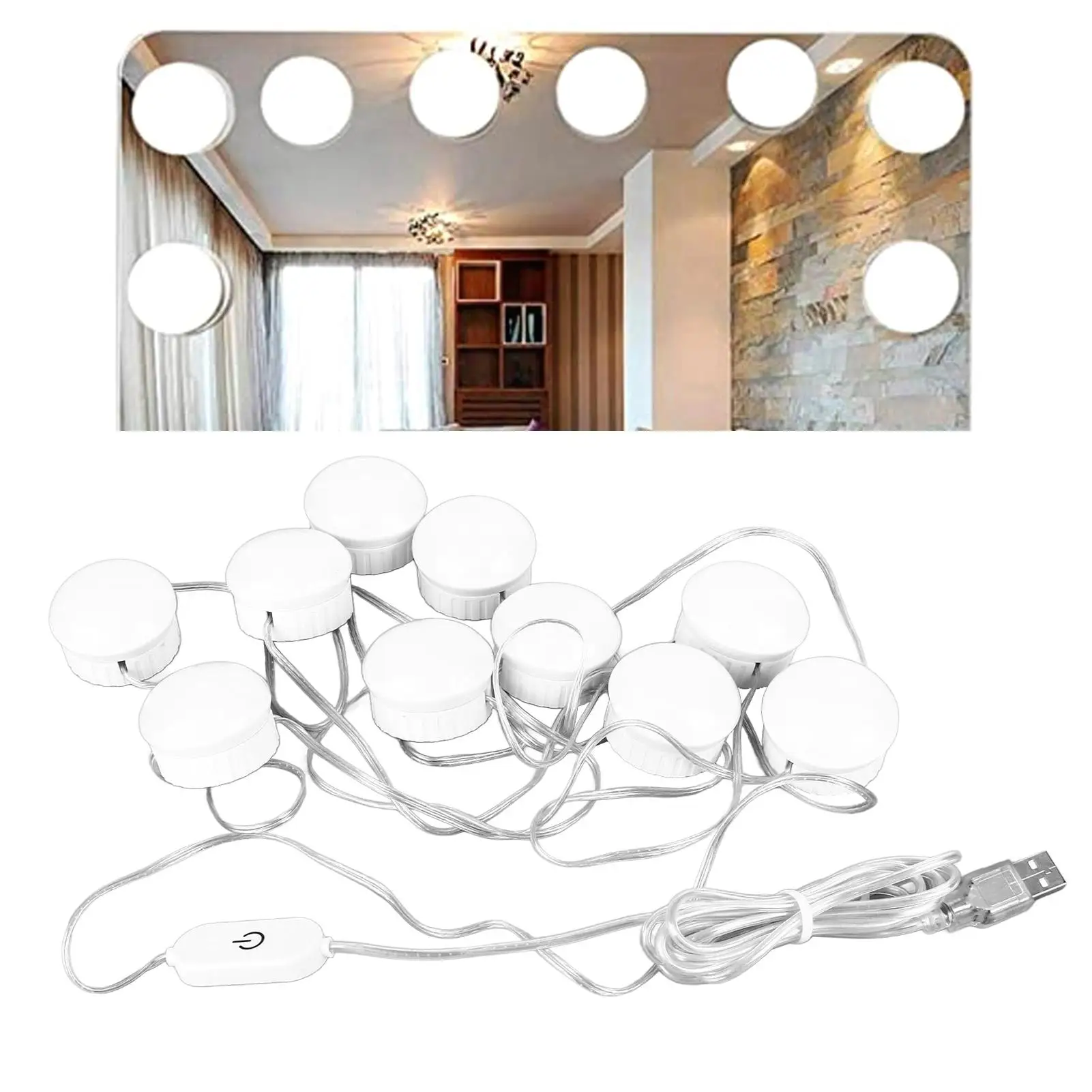 5-Level Brightness Mirror Light with Switch & 10 White Bulbs-Retractable Cable Makeup Lamp