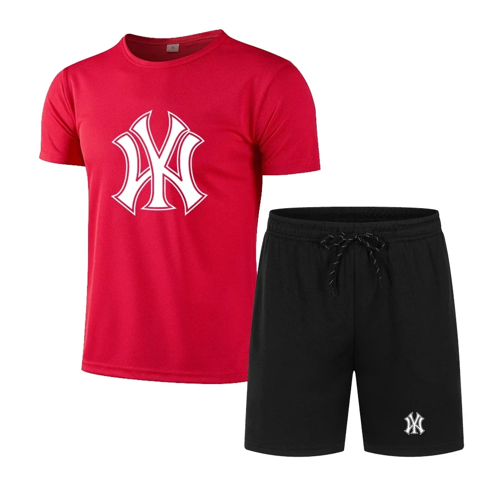 New summer men's crewneck printed T-shirt + shorts two-piece short-sleeved tracksuit quick-dry jogging fitness suit