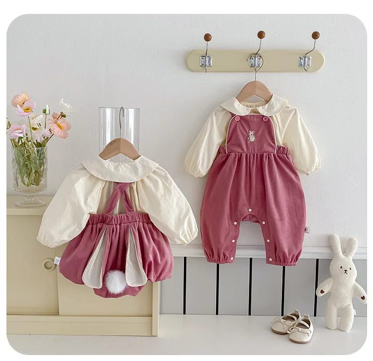 Description Picture 3 of itemBaby Girl Two Piece Set Newborn Autumn Korean Children Clothing Baby Girls Solid Color Shirt Suspender Pants Cute Clothing