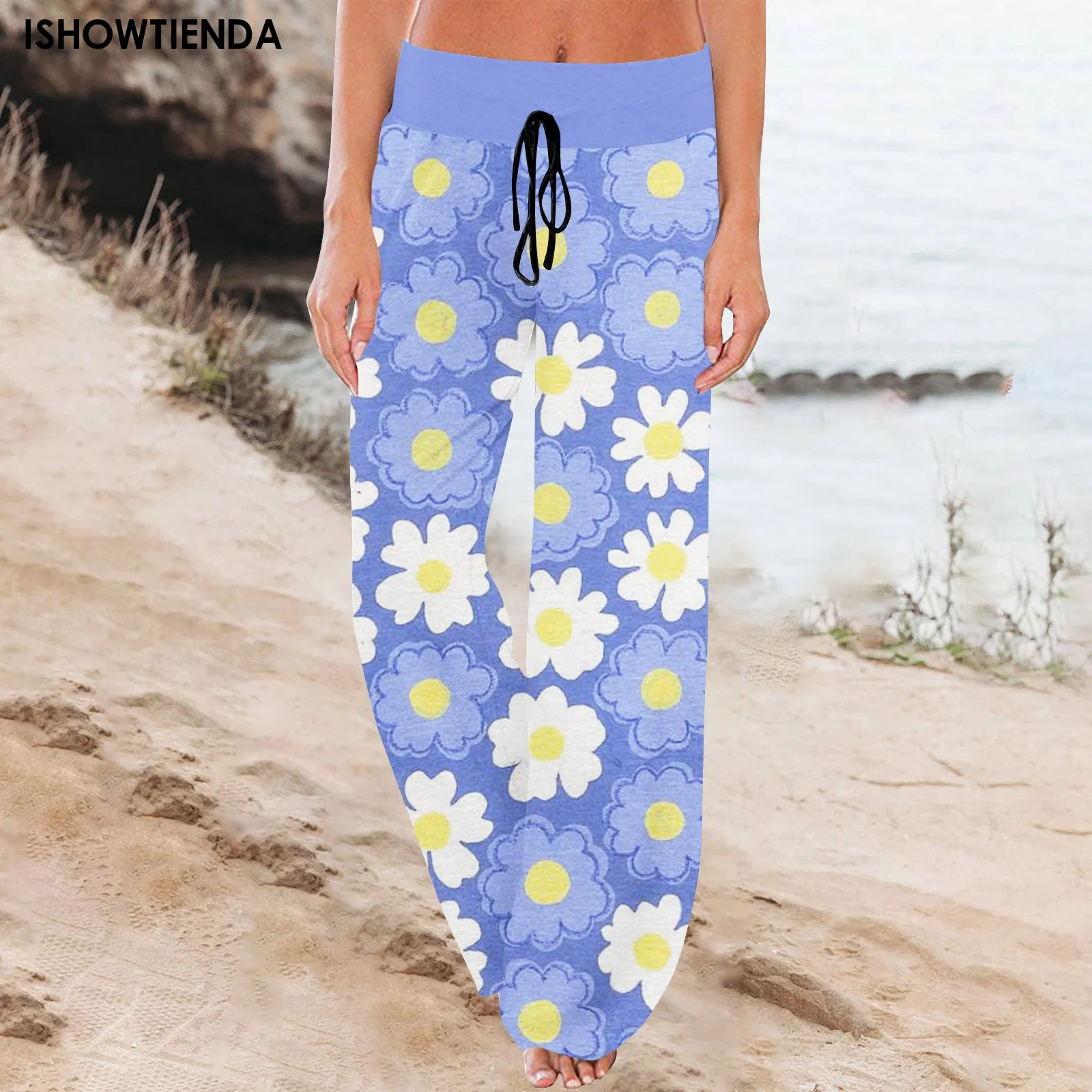 

Loose Beach Women's Pants Summer Fashion Floral Print Drawstring Wide Leg Trousers Ladies Long Pant Sweatpants Clothes Pants