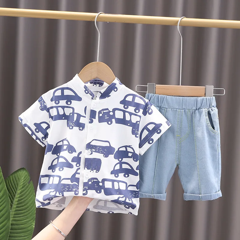

Summer newborn baby boy clothes outfits sets shirt + denim shorts suit for infant babies clothing printing sets