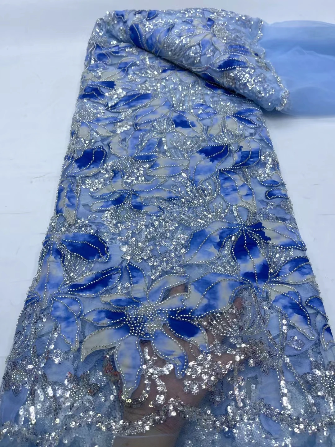 

Африканская ручная работа Тюлевая кружевная ткань с блестками 2024 Высококачественная французская роскошная кружевная ткань из бисера для свадебного платья Sew Jy
