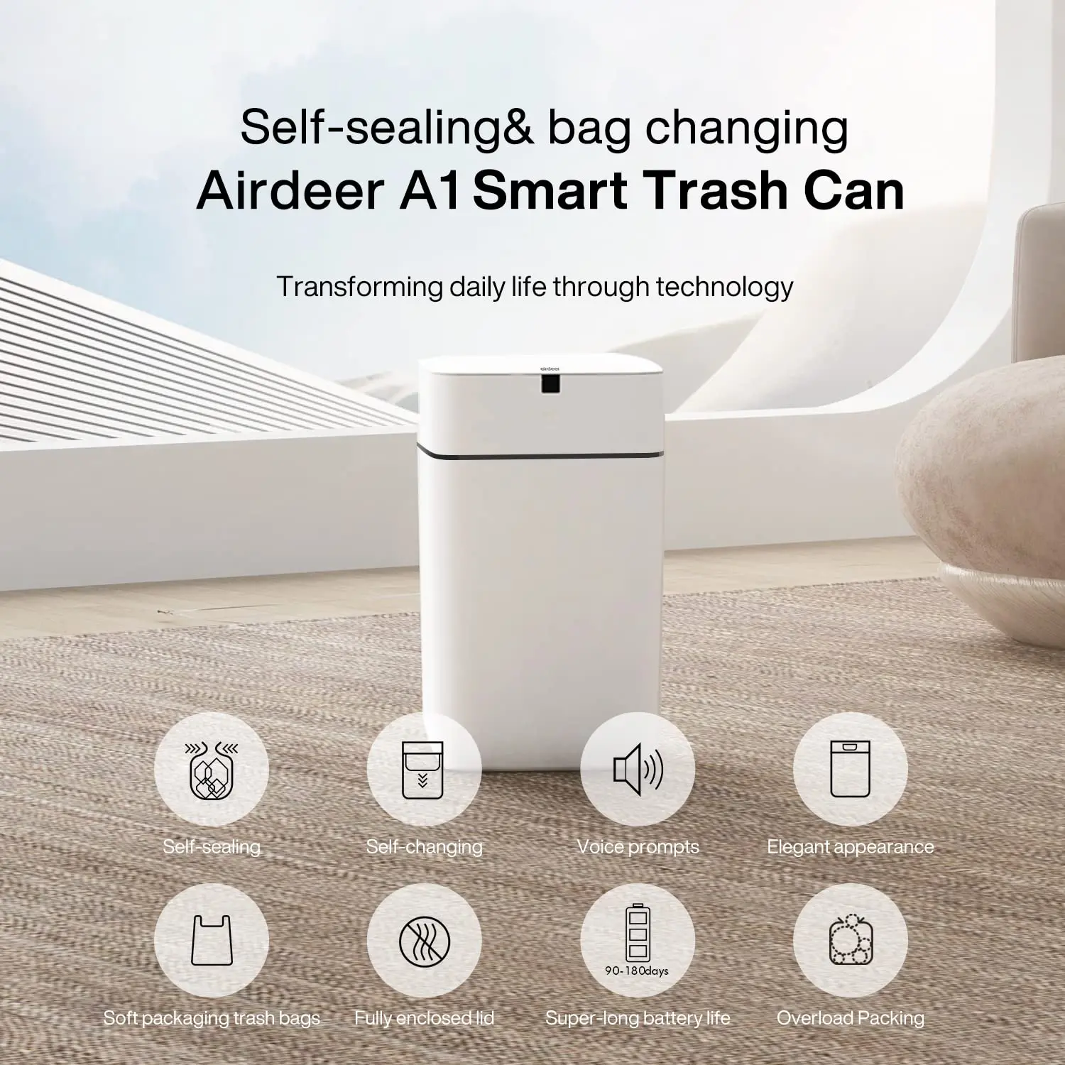 Trash Can, 4 Gallon Self Sealing and Self-Changing Smart Trash Can, Motion Sensor, Touchless Garbage can with lid for 2