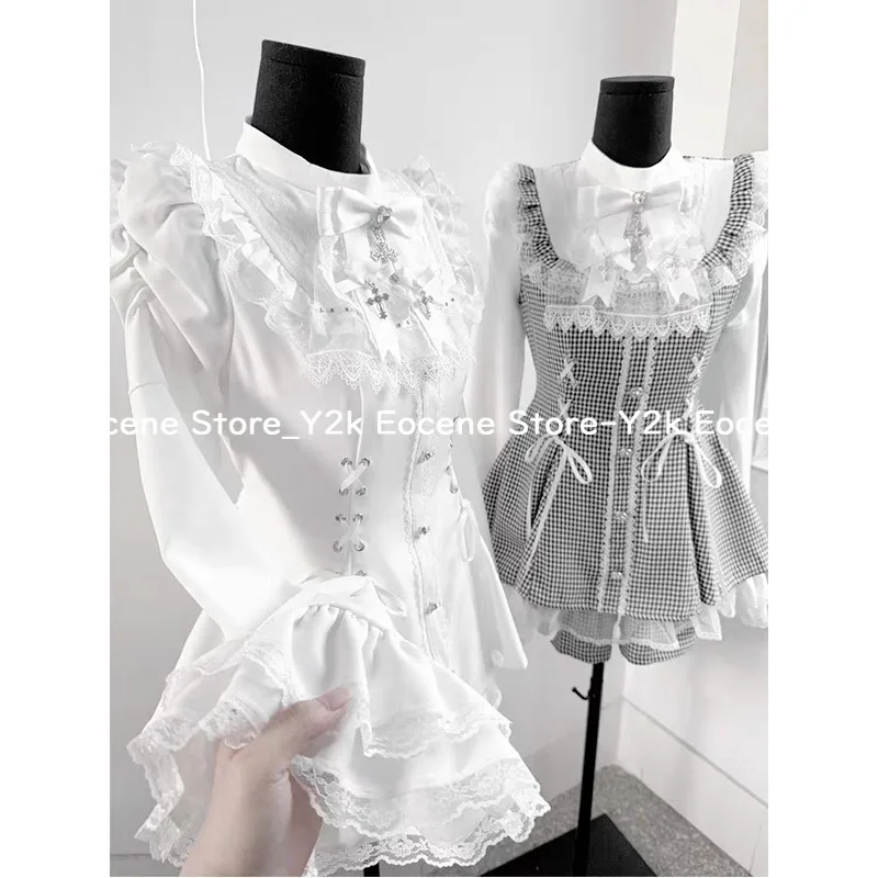 Y2k Aesthetic Lolita Style Bow Dress Shorts Set Women Kawaii Lace Flare Sleeve Bow Shirt Dress Japanese Punk Party Mini