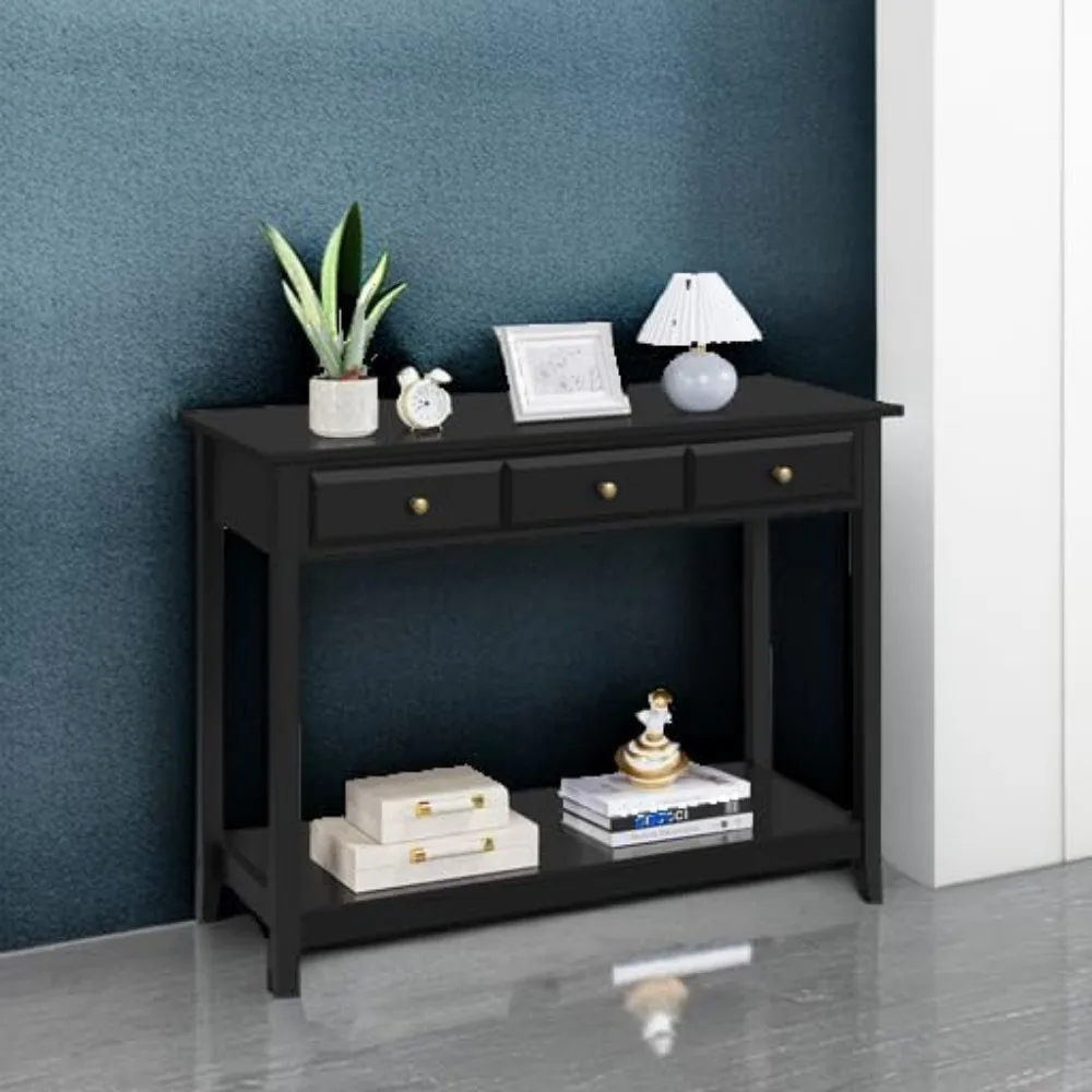 Console Table with 3 Drawers, Wood Entryway Table with Storage Shelf, Sofa Tables Narrow Long for Living Room, Entryway, 5