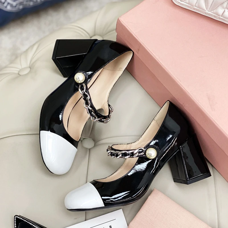 

Босоножки женские из лакированной кожи, лоскутные, Туфли Мэри Джейн на высоком каблуке, черные и белые, в Корейском стиле, на лето