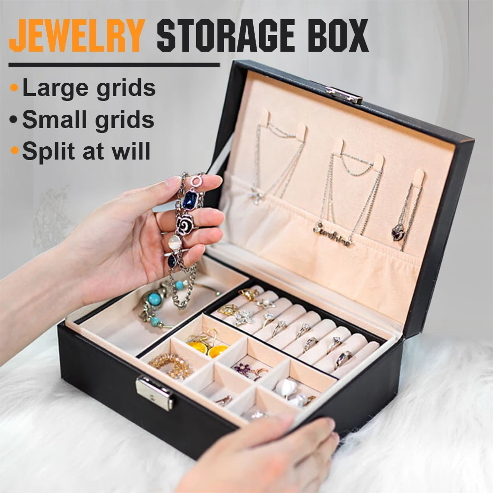 Jewelry Holder Box with Lock Leather Jewelry Organizer Box 2 Layer Jewelry Storage Holder Case for Necklace Rings Earrings