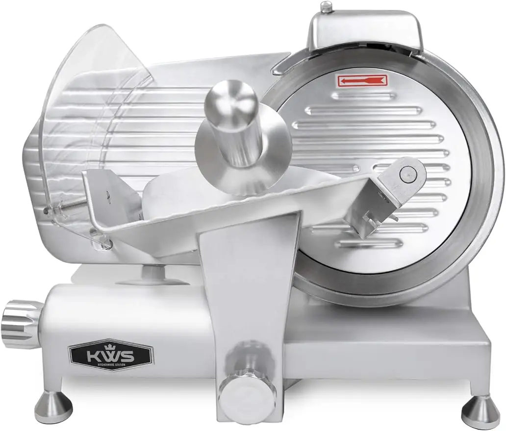 

KWS MS-10ES All Metal 320W Electric Meat Slicer 10-Inch with 304 Stainless Steel Blade & Extended Back Space, Frozen Meat/Cheese