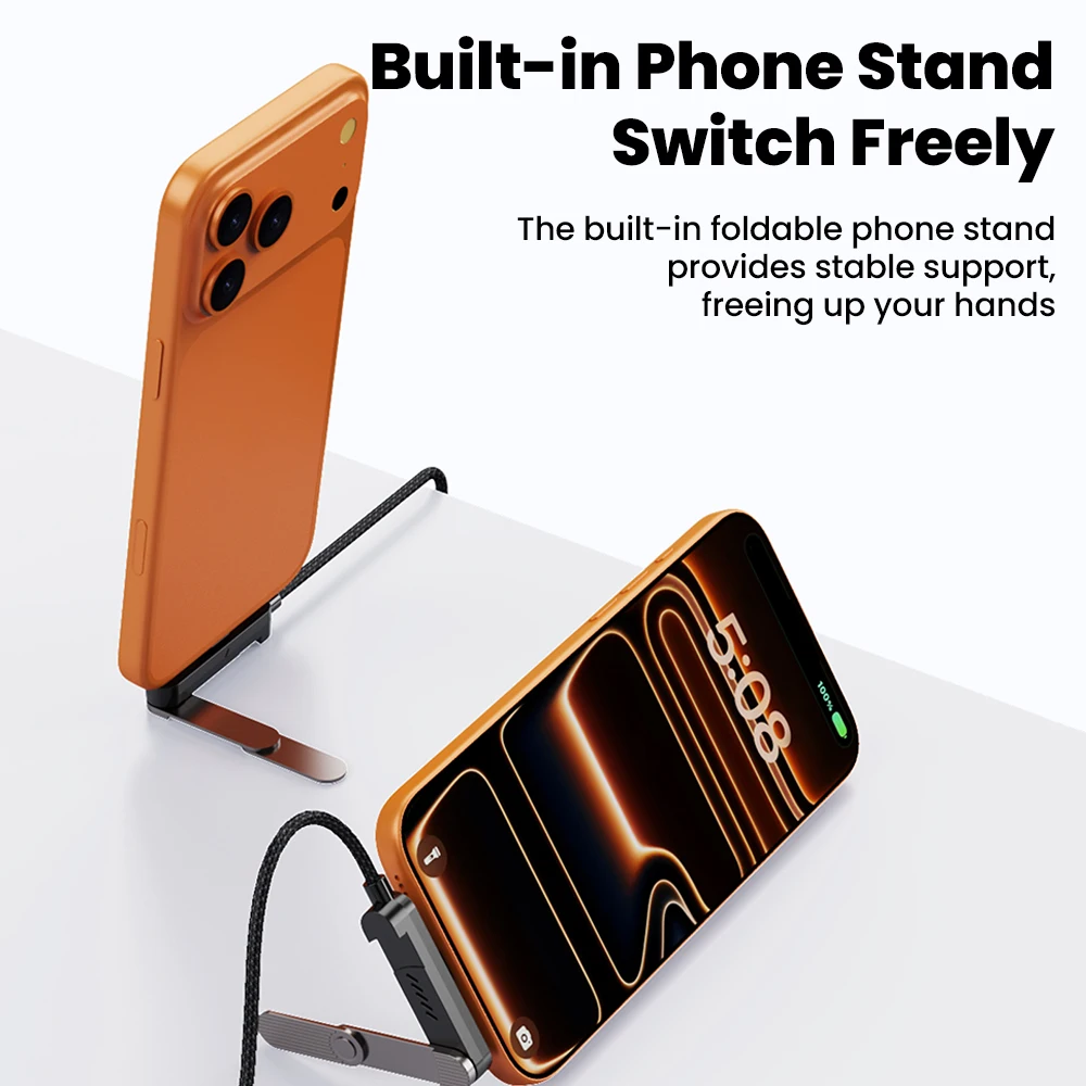 65W 2 in 1 USB A/타입-C to USB C 고속 충전 접이식 브래킷 데이터 케이블 3단 접이식 데스크 홀더 충전 케이블 (아이폰15-17, 삼성용)