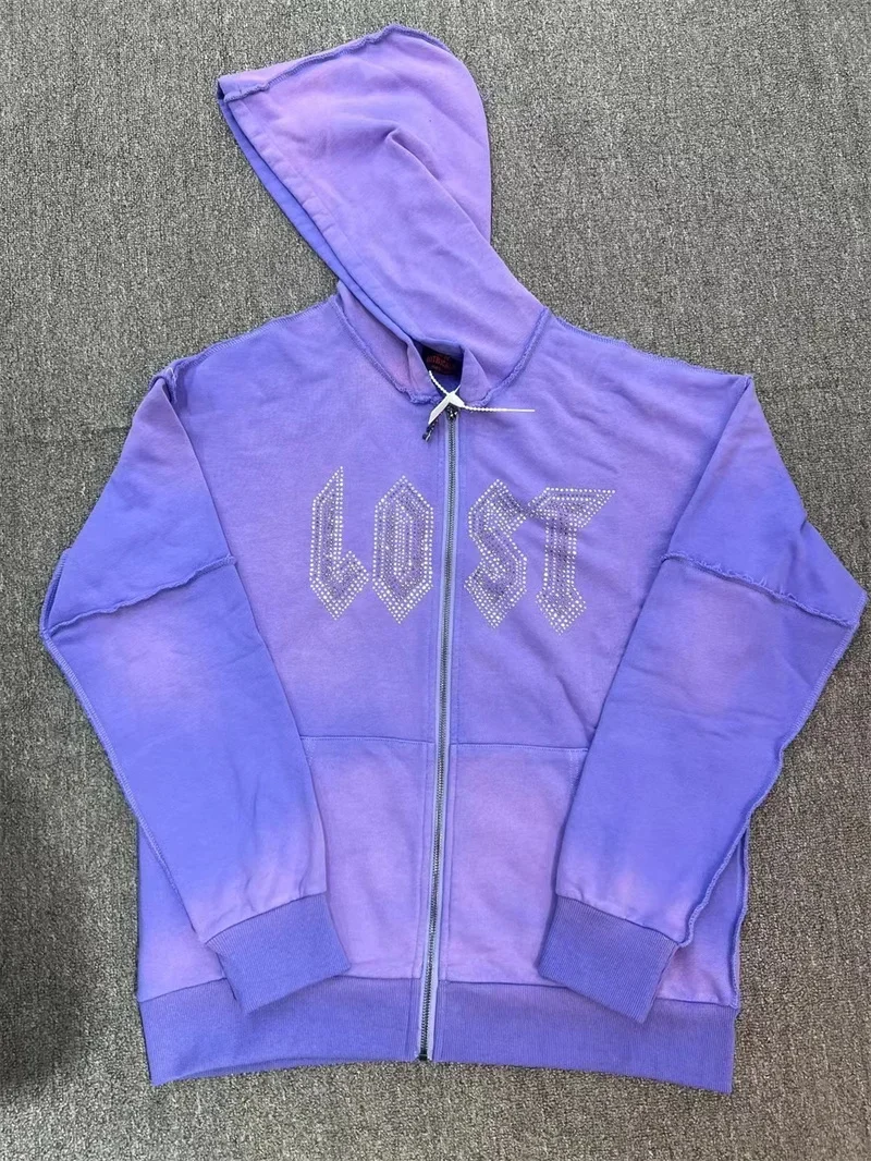 

Lost Intricacy Vintage Washed And Distressed Anti Car Hoodie With Hot Diamond Letters, High-Quality 1:1 Outdoor Hoodie