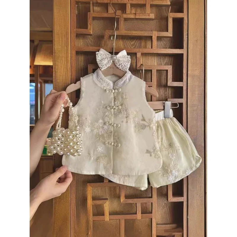 

Girls' Chinese-Style Summer Suit2024New Children's Summer Antique Style Buckle Baby Vest Top Loose ShortsWS
