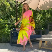 

Boho Printed One-shoulder Beach Dress Female Swimwear Cover Up Kimono 2022 Summer Outing Casual Beachwear Women Swimsuit Kaftan