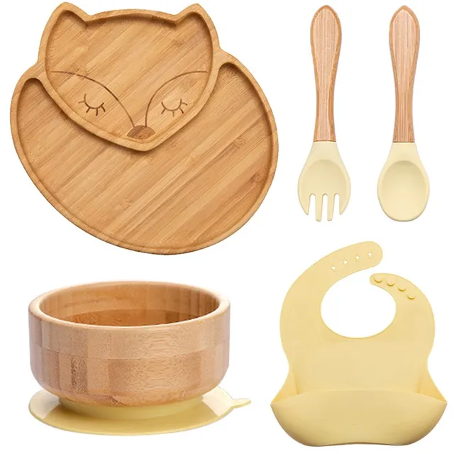 7Pcs Wooden Feeding Tableware Sets Kids Feeding Supplies Bamboo Dishes with Silicone Straw Cup Children Dinnerware Gift Set Yellow fox suit