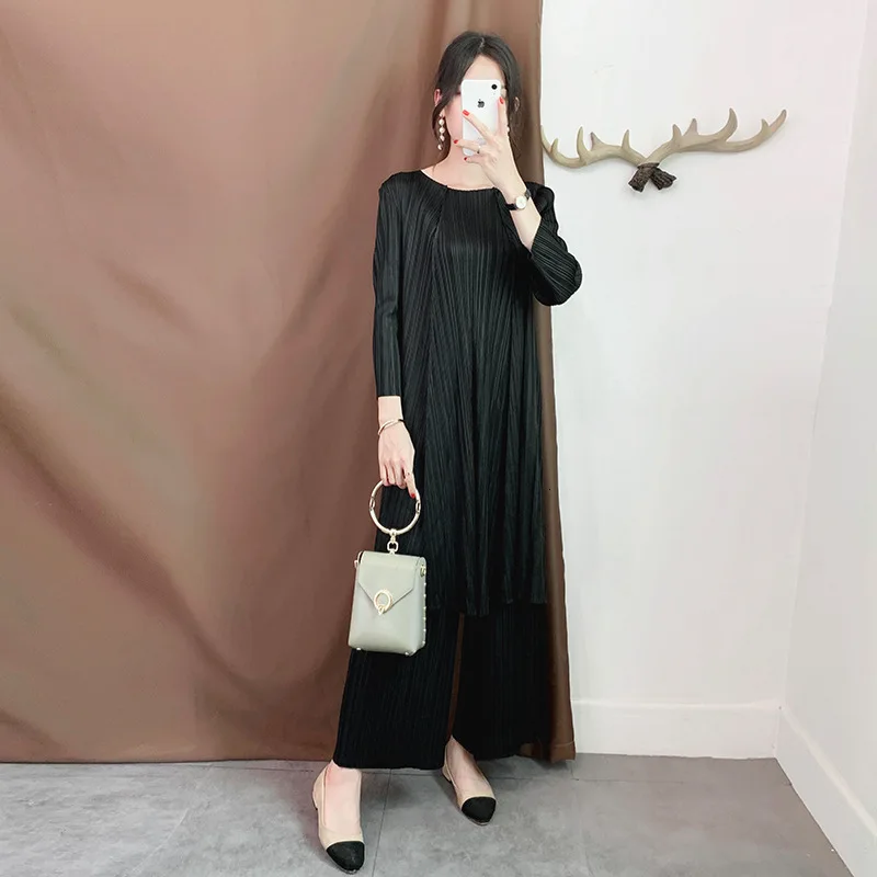 LANMREM 여성용 빈티지 플리츠 의류, 라운드넥 풀오버, 루즈 원피스 및 와이드 레그 팬츠 세트, WJ262, 2024 여름 신상