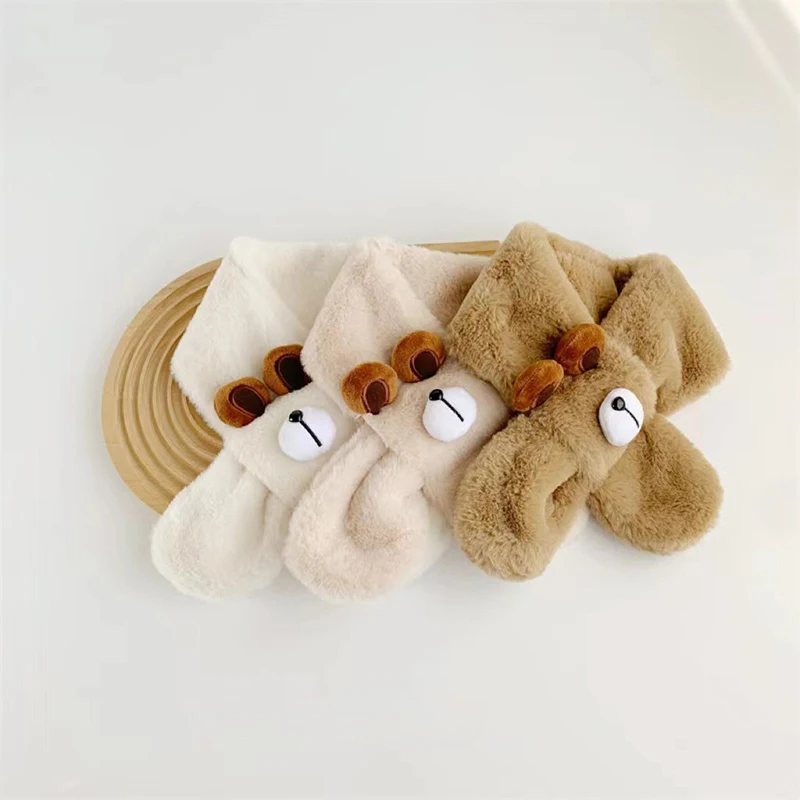 귀여운 3D 곰 아기 스카프, 두꺼운 따뜻한 유아 플러시 스카프, 단색 만화, 어린이 소년 소녀, 푹신한 인조 모피 목도리, 겨울
