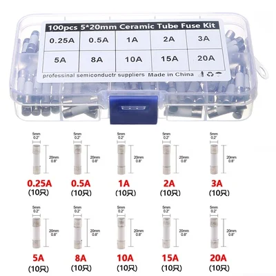 

100pcs Ceramics Fuses Kit 5mm x 20mm 0.25A 0.5A 1A 2A 3A 5A 8A 10A 15A 20A 250V Fuse 5*20 Protective Insurance Tube Set