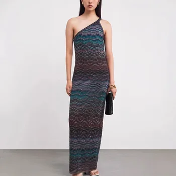 Teal Green Gradient Zigzag Print One Shoulder Maxi Dress Sleeveless Bodycon Glitter 2026Trendy Party Women Elegant Wear dresses 1