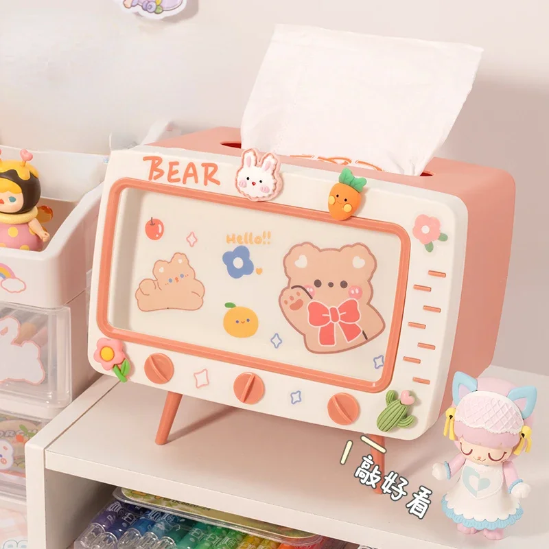 Cute Multifunction Tissue Box Holder Square for Home Kawaii Desktop Decor Tv Tissue Box Case Pink Phone Holder Storage Organizer 3