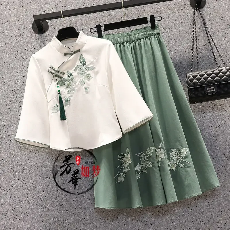 

Oversized Women's Summer Butterfly Sweet Chinese Suit Embroidered Top Suit Hanfu Blouse Skirt Two-piece Set Large Size