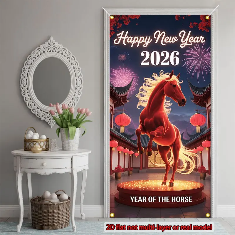 2D 평면, 1개 2026 말 문 배너 - 생동감 넘치는 빨간 말과 불꽃 디자인, 폴리에스터, 휴일 문 배너