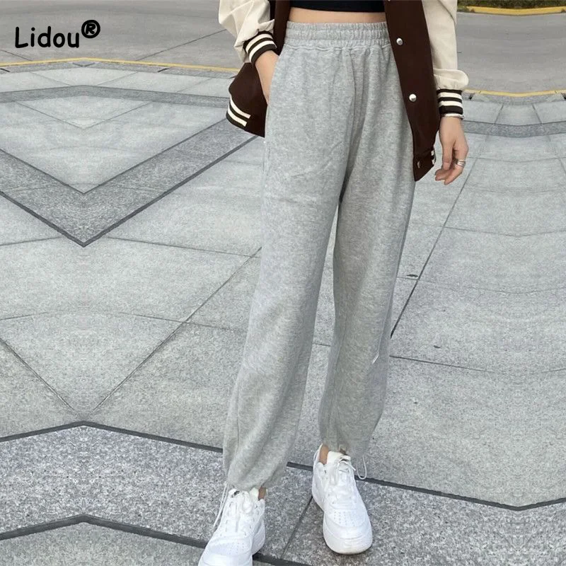 2023 Casual Elastic High Waist Solid Color Straight Trousers Spring Autumn Simplicity Pockets Loose Sports Pants Female trend fashion simplicity elastic high waist denim harem pants women s clothing spring summer casual solid color all match trousers