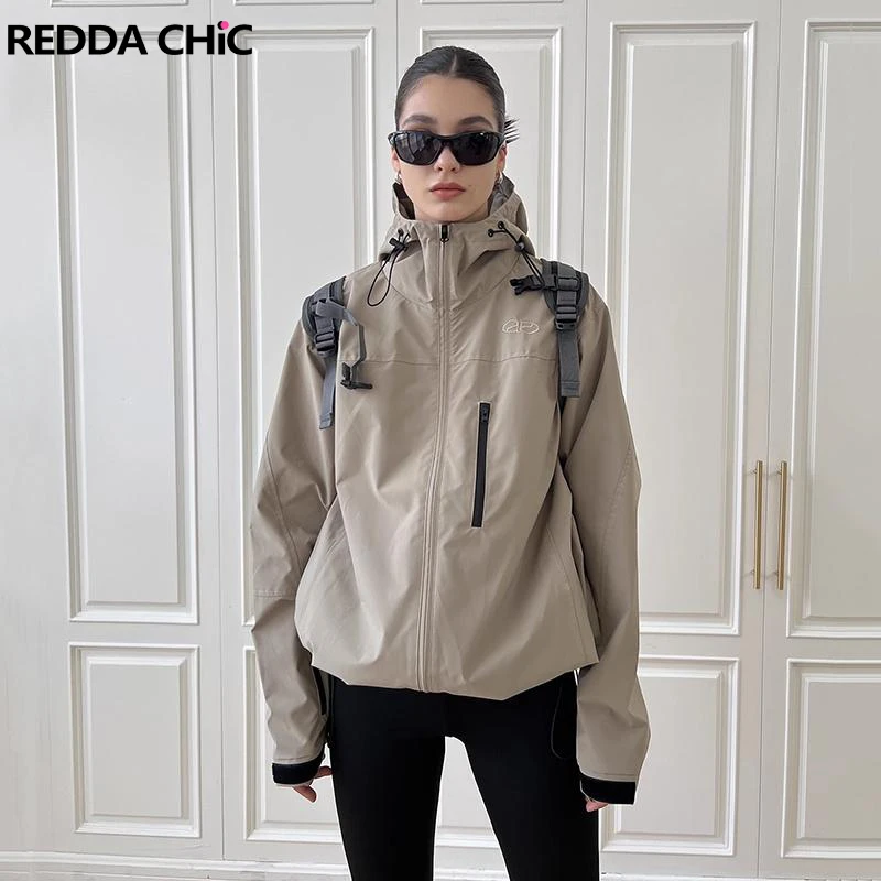 

ReddaChic Basic Solid Gray Women Outdoor Hooded Jacket Waterproof Long Sleeves Oversize Trench Coat Unisex Skater Mountainwear