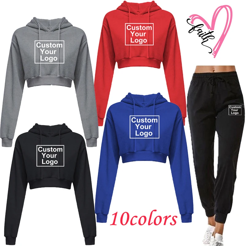 Customized logo hooded women's top sports set top+bottom women's fashionable sports set casual hoodie+pants set solid color