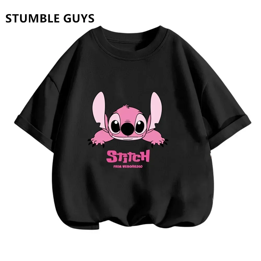 

Disney Stitch Children's Summer Cartoon T-Shirt Street Casual Trucksuit Boys and Girls 3D Cute Print Quick-Drying Breathable Top