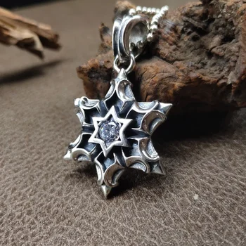 New Solid Pure s925 Silver Jewelry Stylish Personality Street Hip-hop Punk Gothic Hexagram Dark Man and Woman Pendant