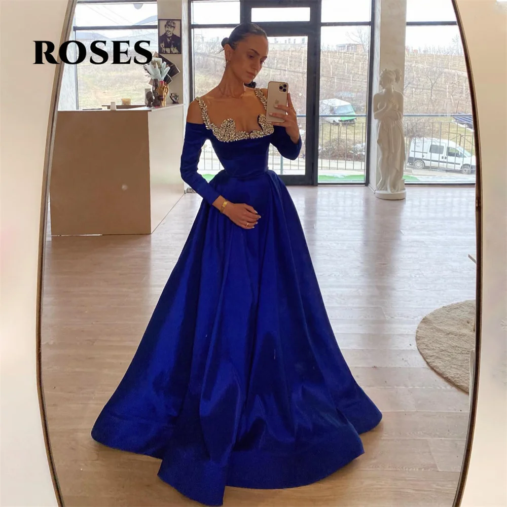 

ROSES Spaghetti Strap Navy Blue Prom Dress A Line Full Sleeves Celebrity Dress Women's Evening Dress Sequin Formal Gown 프롬 드레스