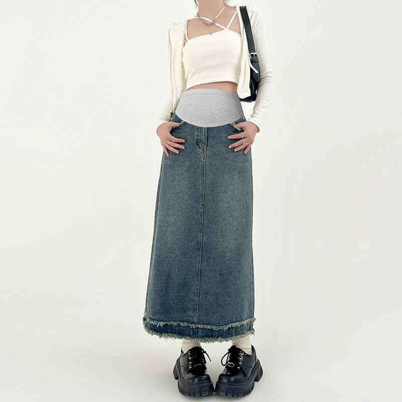 Tassel Denim Maternity Long Skirts Spring Summer Casual Pencil Skirts Clothes for Pregnant Women Pregnancy Straight Daily Wear