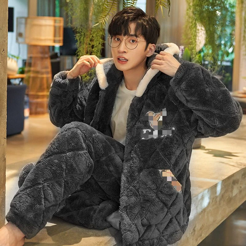 Hooded Pajamas Male Wintertime Extremely Thick Warm Coral Fleece Three Layers of Cotton Flannel Loungewear Set Pajamas for Men