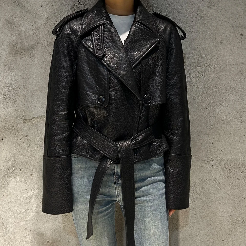 Elegant Black Leather Jacket Women Grained Sheep Leather Jackets