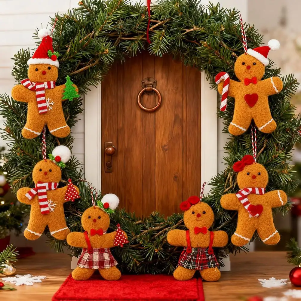 6Pcs 9-12cm Gingerbread Man Ornaments Fabric Figurine Christmas Tree Decorations Hanging Cloth For Holiday Home Party Decor