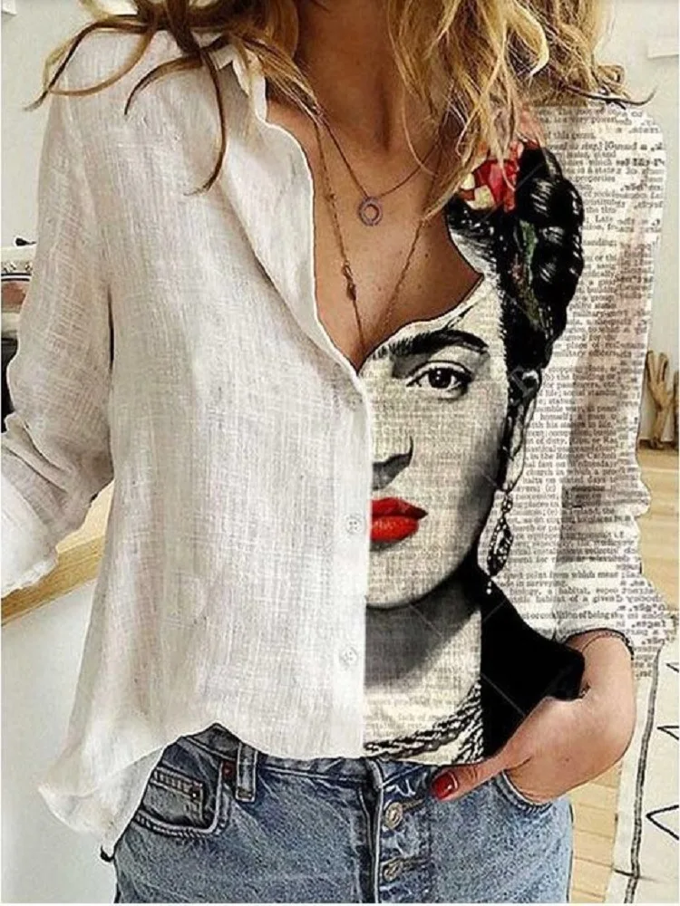 Fashion Woman Blouses 2022 Loose Cartoon Retro Digital Printing Long-Sleeved Lapel Shirt Ladies Women Shirts Single-Breasted